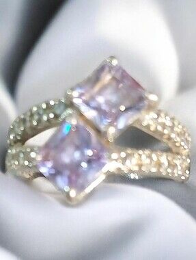 Sterling Silver With Purple Twin Cushion Ring with Pave Band
